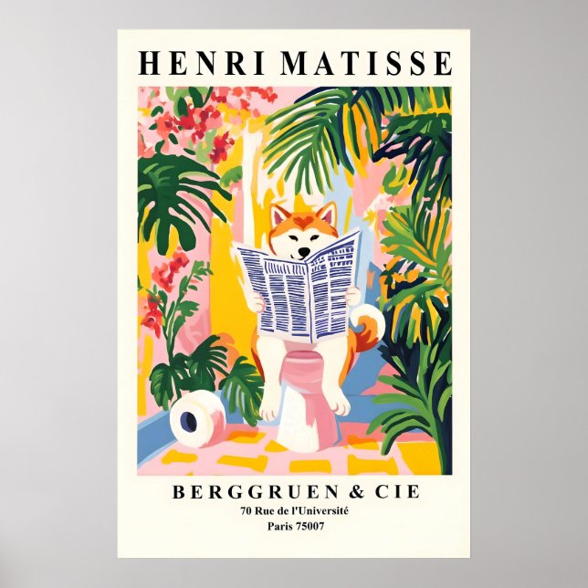 Affiche Akita Inu On Toilet Art Print Funny Bathroom in (Devant)