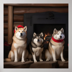 Affiche Akita par le Noël de la cheminée