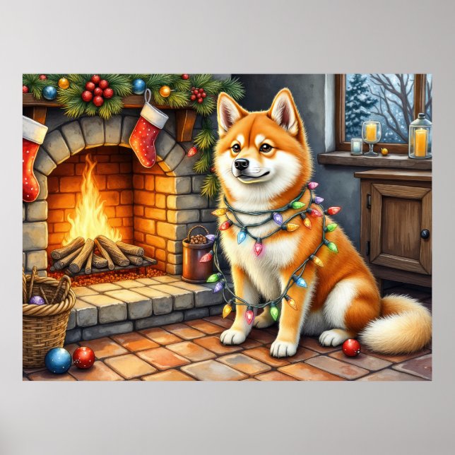 Affiche Akita Sitting by Fireplace with Christmas Lights (Devant)
