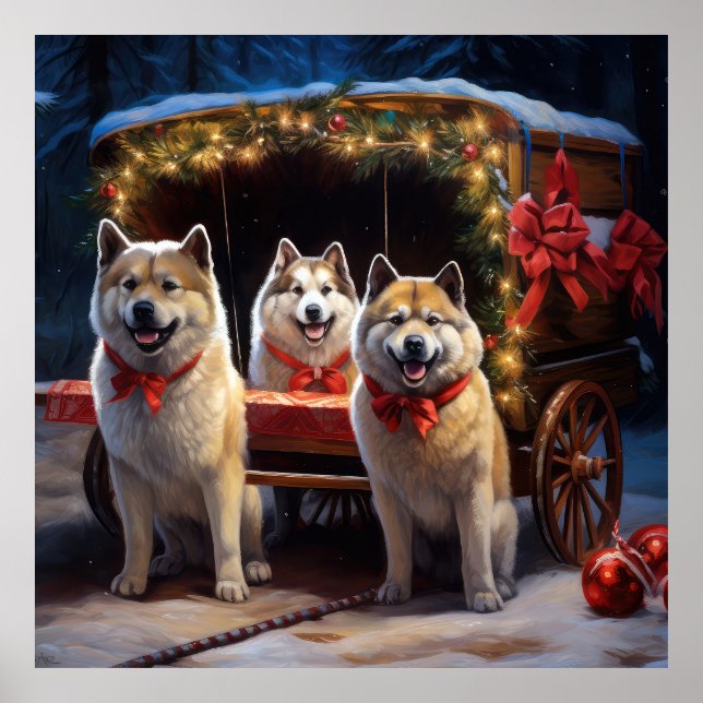 Affiche Akita Snowy Sleigh Ride Décor de Noël (Devant)
