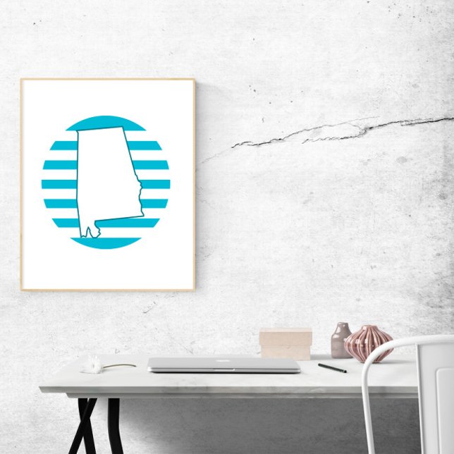 Affiche Alabama US State Outline Retro Circle Blue (A poster featuring the state outline of Alabama and a blue retro circle)
