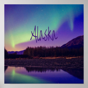 Affiche Alaska Northern Lights Mountains Lake