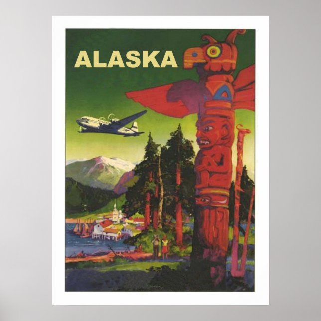 Affiche Alaska, totem indien, avion, compagnie aérienne vi (Devant)