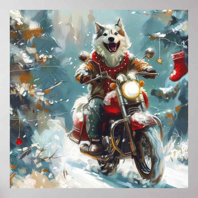 Affiche Alaskan Malamute Dog équitation moto Noël (Devant)