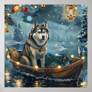 Affiche Alaskan Malamute Noël Festive Voyage
