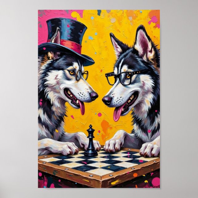 Affiche Alaskan Malamute Playing Chess Pop Art (Devant)