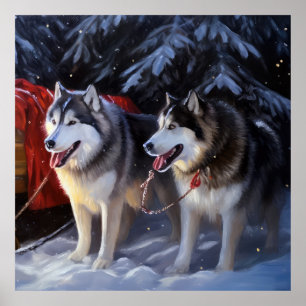 Affiche Alaskien Malamute Snowy Sleigh Ride Noël
