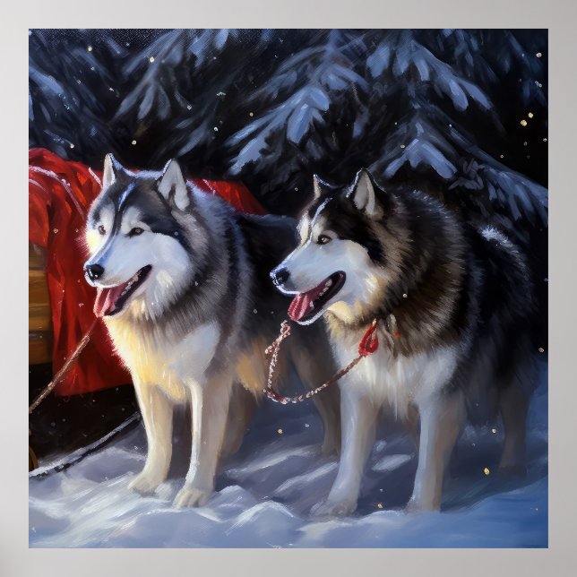 Affiche Alaskien Malamute Snowy Sleigh Ride Noël (Devant)