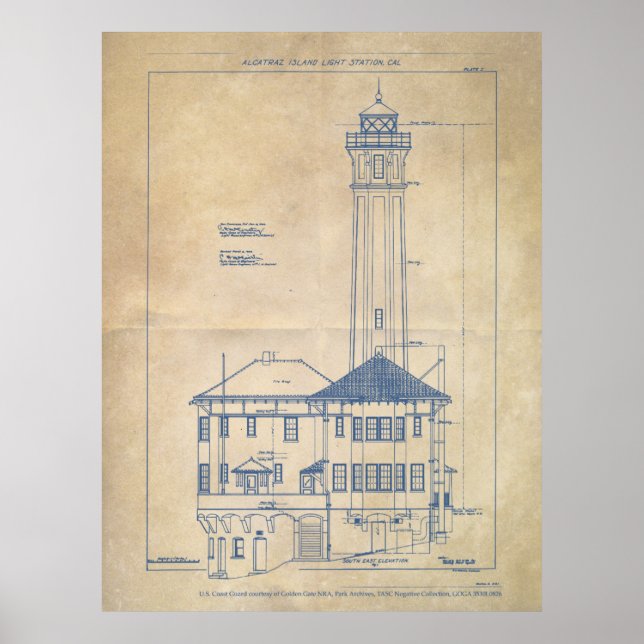 Affiche Alcatraz Island Lighthouse Blueprint Vintage (Devant)