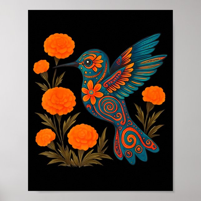 Affiche Alebrije Hummingbird Flower Mexican Folk Art Bird  (Devant)
