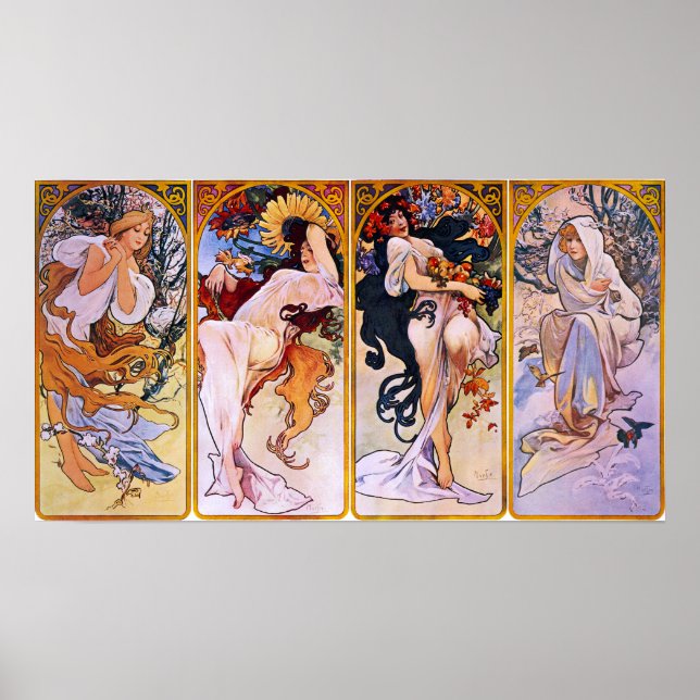 Affiche Alfons Mucha Art Nouveau Four Seasons Peinture (Devant)