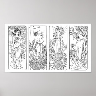 Affiche Alfonso Mucha - Four Seasons - Black and white pos