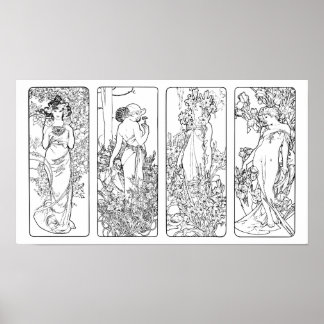 Affiche Alfonso Mucha - Four Seasons - Black and white pos