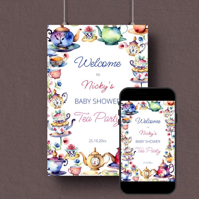 Affiche Alice au pays des merveilles baby shower signe de  (Alice in wonderland tea party baby shower welcome sign template poster digital download watercolor)