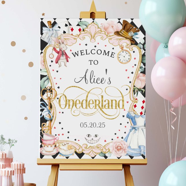 Affiche Alice dans l'Onederland, 1er anniversaire signe de (Alice Onederland, Girl 1st birthday poster, mad hatter, tea party, birthday welcome sign.)