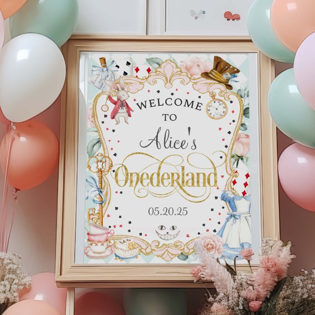 Affiche Alice dans l'Onederland, 1er anniversaire signe de (Alice Onederland, girl 1st birthday, teal, mad hatter tea party birthday welcome sign.)