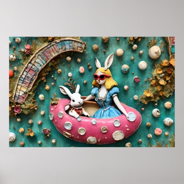 Affiche Alice et le lapin blanc en voyage en flottant (Devant)