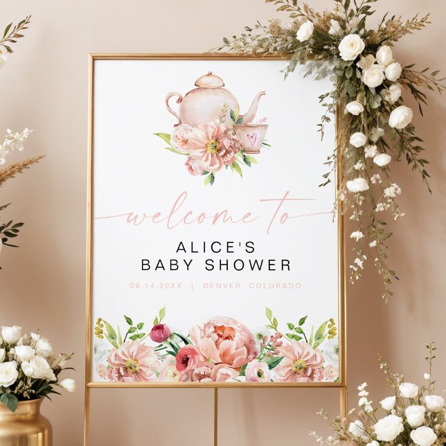 Affiche ALICE Fardée Floral Baby Tea Shower Party de Bienv (Cute Blush Floral Tea Party Themed Baby Shower Welcome Sign)