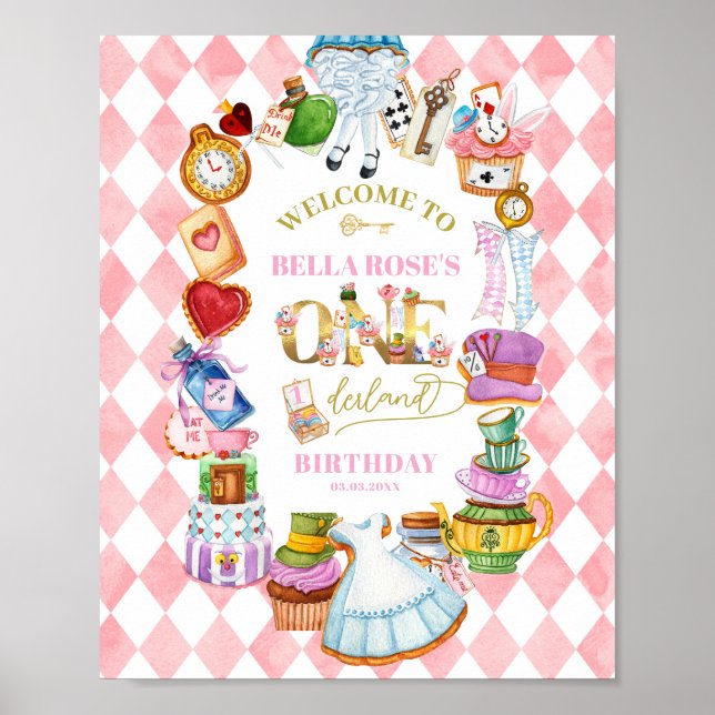 Affiche Alice in Wonderland 1st birthday Pink Welcome (Devant)