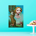Affiche Alice - Quirky Surreal Pop Art<br><div class="desc">Belle IA généré étrange pop surréalisme art numérique comporte un "Alice" différent accroché pour un arbre avec une horloge encastrée. ""</div>