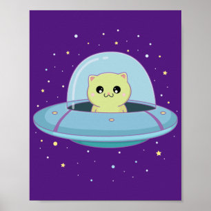 Affiche alien chat volant alien soucoupe