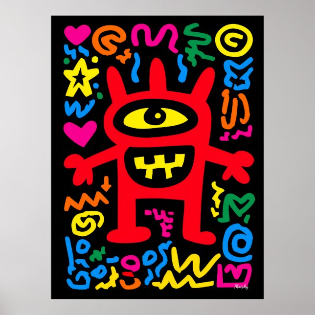 Affiche Alien Cyclope Rouge – Art Pop Néon Drôle de Monstr (Devant)