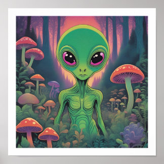 Affiche Alien dans une forêt de champignons