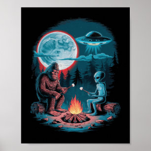 Affiche Alien Drôle Et Bigfoot En Randonnée Lune Sasquatch