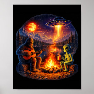 Affiche Alien drôle et Bigfoot Feu de camp Lune UFO