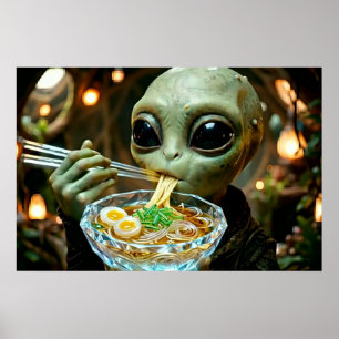 Affiche Alien drôle mangeant des nouilles Ramen