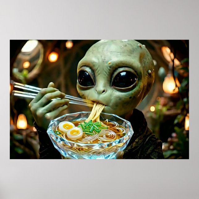 Affiche Alien drôle mangeant des nouilles Ramen (Devant)