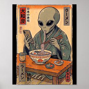 Affiche Alien drôle mangeant du ramen rétro hommes femmes