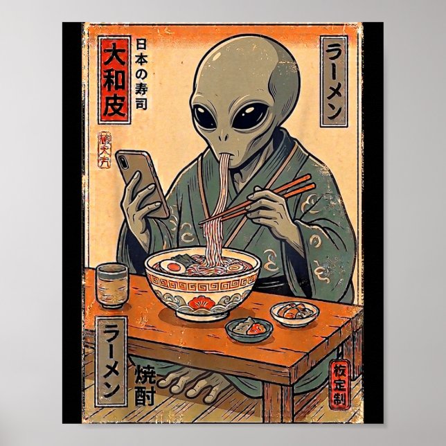 Affiche Alien drôle mangeant du ramen rétro hommes femmes  (Devant)
