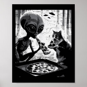 Affiche Alien Et Chat Manger Pizza Drôle Snack Food Hommes