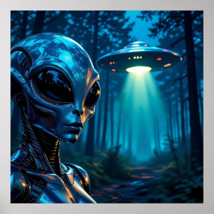 Affiche Alien et OVNI hyper réaliste dans la forêt