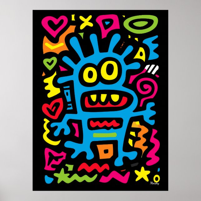 Affiche Alien Funky Bleu – Art Pop Néon Créature Excentriq (Devant)
