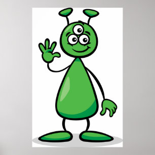Affiche Alien Martien de Dessin Animé aux Trois Yeux Verts