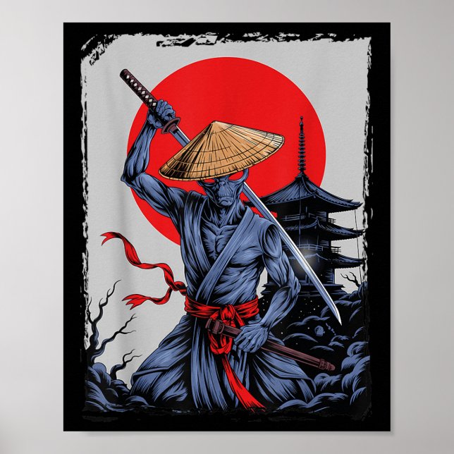 Affiche Alien Samurai Ufo Vintage japonais Ukiyo-e (Devant)