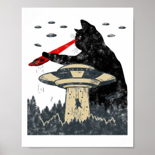 Affiche Alien Ufo Enlèvement Laser Oeil Drôle Chat