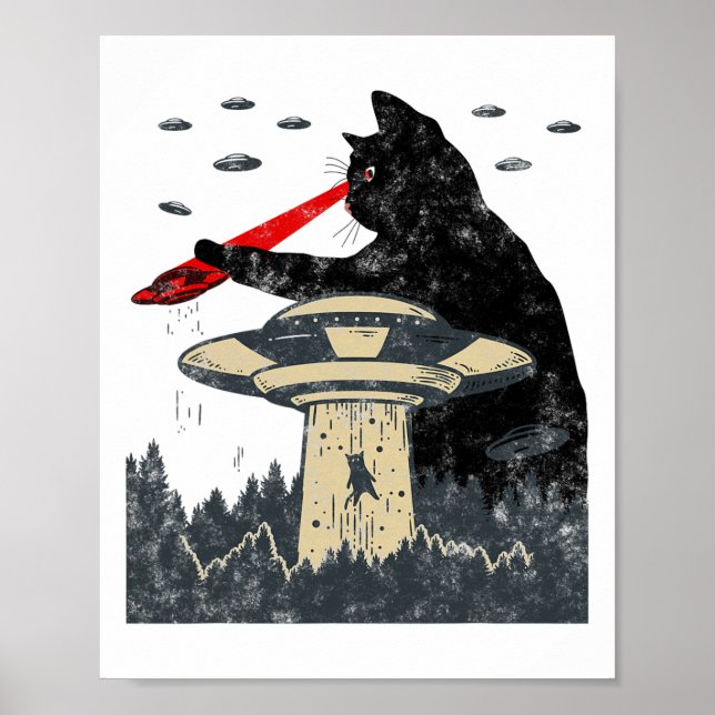 Affiche Alien Ufo Enlèvement Laser Oeil Drôle Chat (Devant)