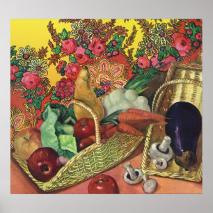 Affiche Aliments Biologiques, Légumes de Jardin, Fleurs en