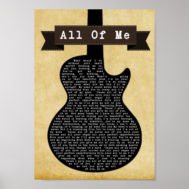 Affiche All Me Black Guitar Chanson Lyric Wall Art Imprime (Devant)
