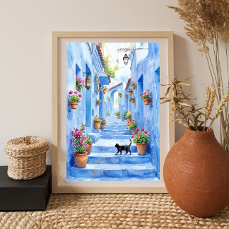 Affiche Allée bleue méditerranéenne Art de chat à l'aquare