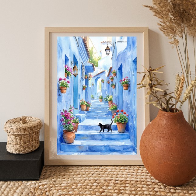 Affiche Allée bleue méditerranéenne Art de chat à l'aquare (Créateur téléchargé)