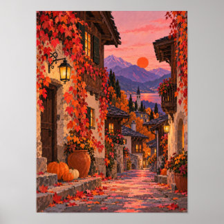Affiche Allée d'automne avec lanternes et feuilles de vign