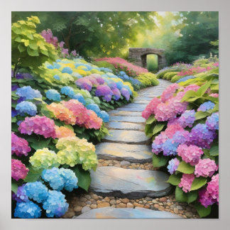 Affiche Allée de jardin aux hortensias arc-en-ciel
