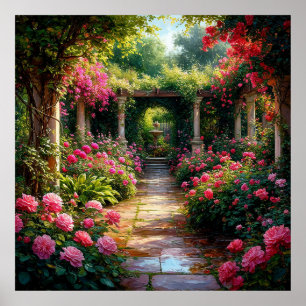 Affiche Allée de jardin luxuriante avec rosiers