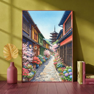 Affiche Allée traditionnelle japonaise Pagode Aquarelle