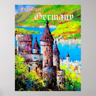 Affiche Allemagne, château médiéval à Francfort, rivière p