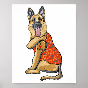 Affiche Allemand Berger Chien Tatouage I Love Maman Flower